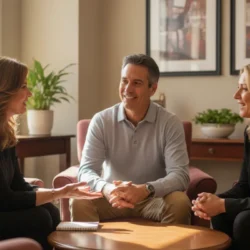 Adults talking with a Membership Representative in a warm, welcoming office